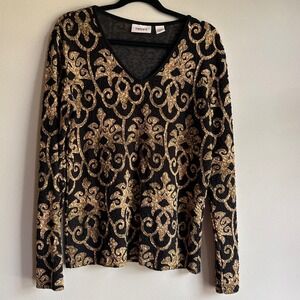 Chicos Travelers Womens Size 1 Gold Black Damask Scroll V-Neck‎ Long Sleeve Top